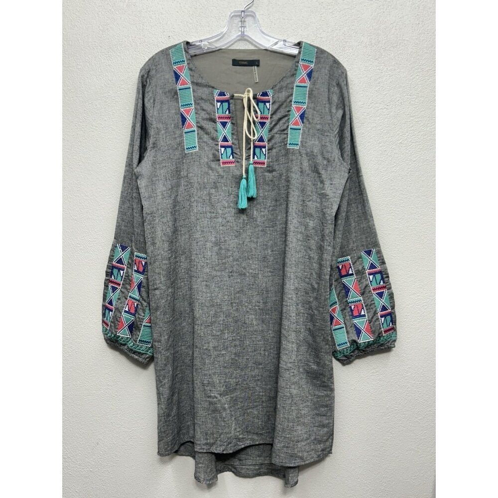 THML Dress large Grey Embroidered Aztec Boho Long Sleeve Tribal Western - Picture 1 of 7